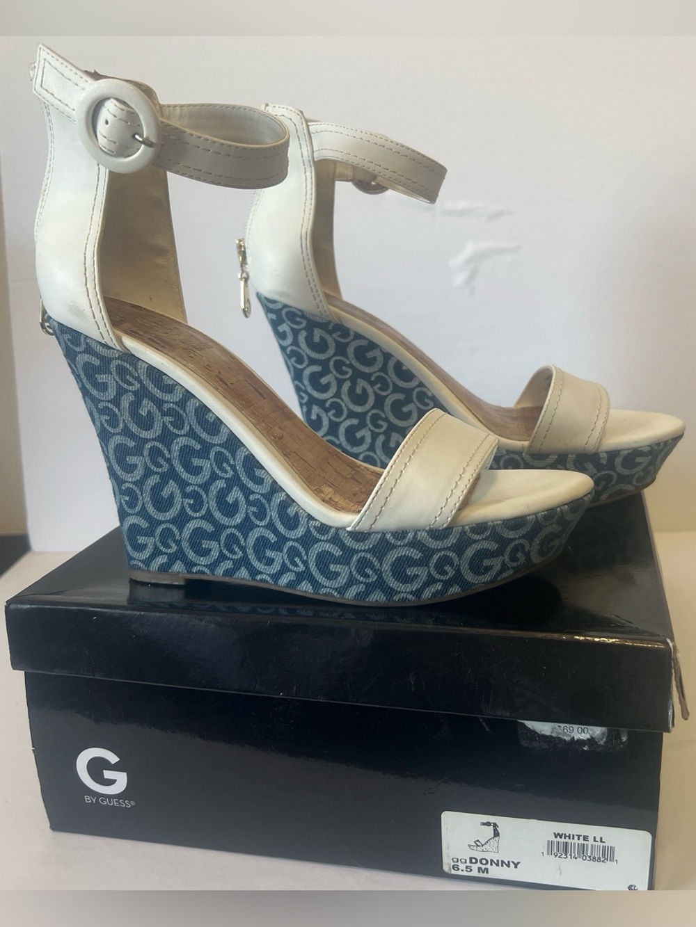 Guess White Leather Ankle-Strap Wedge Sandals with Blue Denim Logo Platform